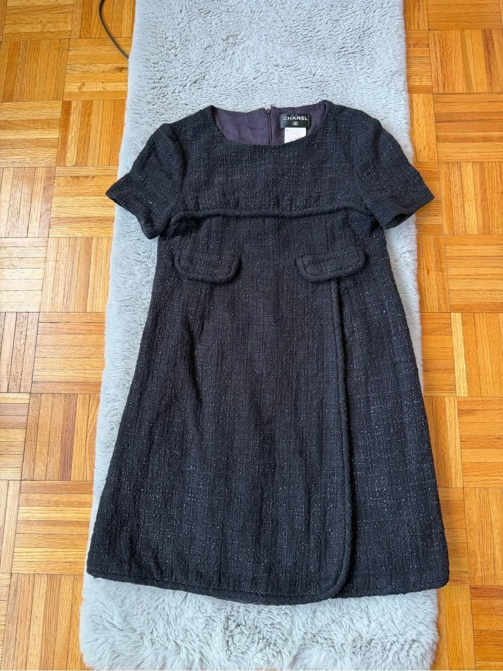 CHANEL Black Purple Lesage Tweed Short Sleeve Faux Wrap Dress‎ French 42 US 10